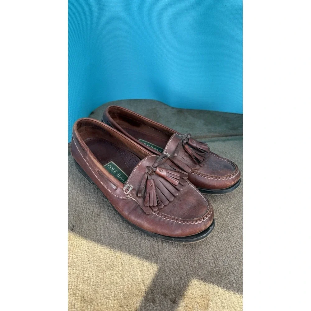 Cole Haan Men 9.5 Brown Leather Kiltie Tassel Loafers Boat Driving Shoes Moc Toe